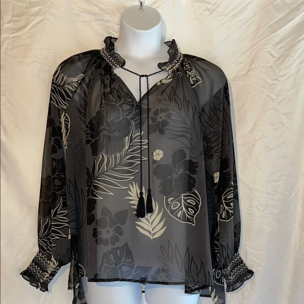 CAbi Aloha Black Long Sleeve Sheer Ruffled Blouse - Picture 2 of 16